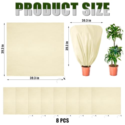 8 Pcs Plant Covers Frost Protection Bag 39.3"X39.3" Winter Reusable Plants Jacket with Drawstring Shrub Protection Wraps Bags Frost Blanket for Winter Outdoor Garden Plants - color: Beige, size: 39.3 × 39.3 Inch