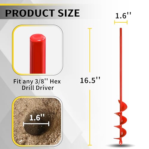 Auger Drill Bit for Planting - 1.6"X16.5" Heavy-Duty Garden Auger Spiral Drill Bit - Bulb Planter Tool - 3/8" Hex Drive Drill - size: 1.6"X16.5"-Red