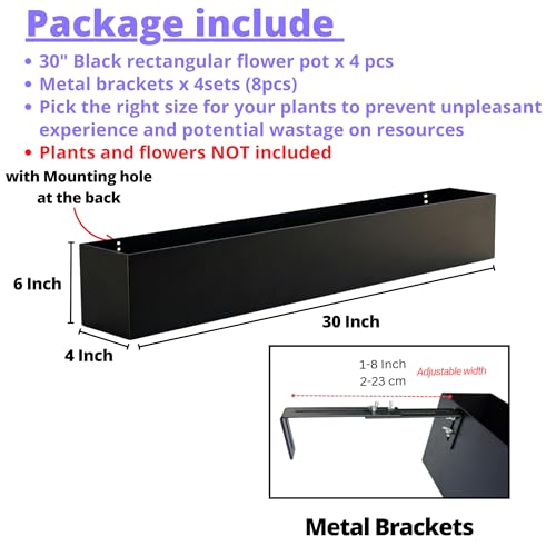 LaLaGreen Railing Planter Box (30 Inch, 4 Pack) Large Black Metal Rectangular Hanging Flower Boxes with Brackets, Planters for Outdoor Deck Railings Fence Balcony Patio Porch Over Rail Garden Decor - size: 30" x 4 Pack