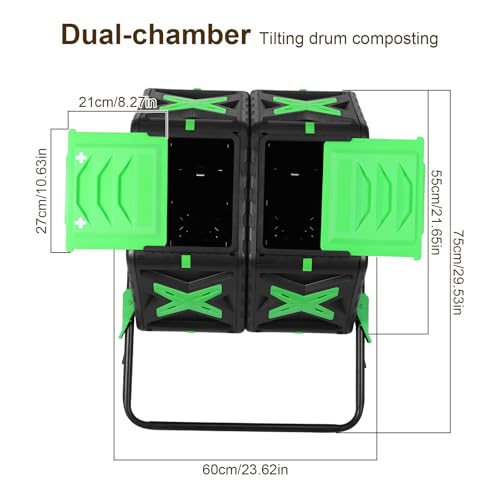 Compost Tumbler Outdoor, Easy Assemble & Efficient Outdoor Compost Bin, 140 Liter Large Dual Chamber Rotating Composter for Garden, Kitchen, and Yard Waste, Green Finger