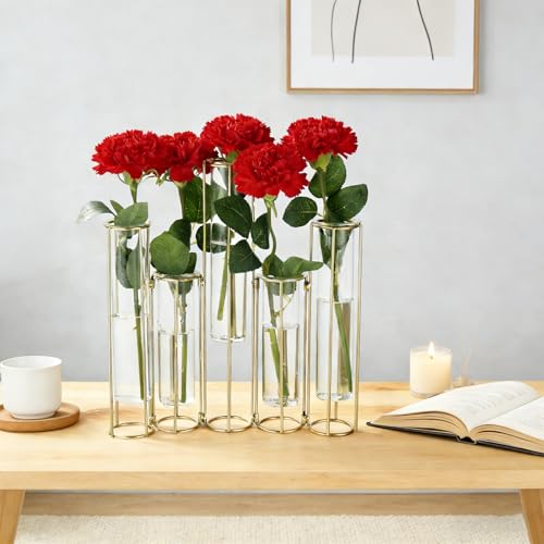 Golden Hinged Test Tube Flower Vase with 5 Glass Vases