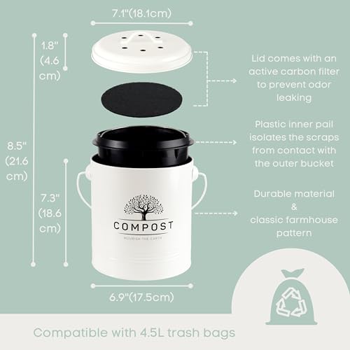 Perfnique 1.3 Gal Kitchen Compost Bin with Lid, Countertop Compost Caddy - color: cream, style: without bags