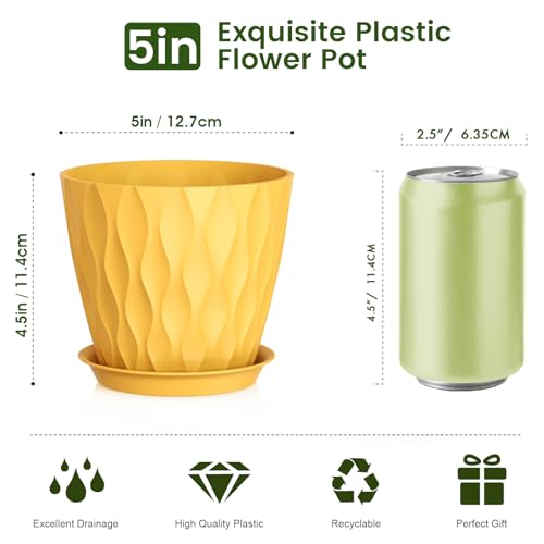 Meowell 5 inch Plant Pots for Indoor Outdoor Plants, 6 Pack Thick Nursery Pots with Drainage Holes and Saucers, 3D Modern Wave Texture Small Plastic Planter Flower Pots, Multicolor - color: Colorful, size: 5 inch 6 pieces