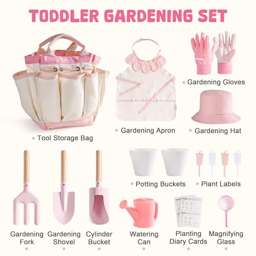 ROBOTIME Kids Gardening Set, 17PCS Kids Gardening Tools for Girls, Toddler Gardening Set with Hat, Apron, Gloves, Watering Can & Tool Bag – Outdoor Garden Toy Kit (Pink) - color: Pink