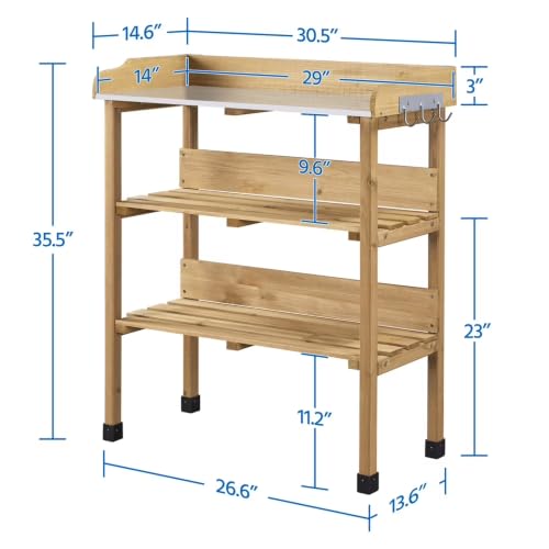 Natural Wood Outdoor Potting Bench Table with Storage Shelves, Sturdy Fir Wood Planting Workstation, Waterproof Easy Maintenance Gardening Table for Backyard Patio Outdoor Plant Care