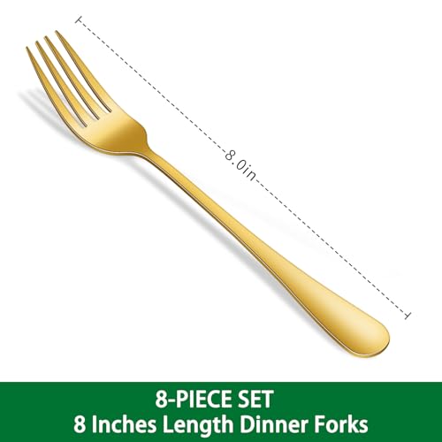 Gold Dinner Forks Set, 8-Piece 8 Inch PVD Gold Stainless Steel Cutlery Forks,Golden Metal Fork for Home Party Or Wedding,Dishwasher Safe Golden Table Fork Set - color: Gold
