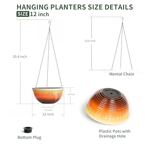 12 inch Large Hanging Planters with Drainage Hole, 2 Pack - color: Orange Glaze, size: 12 Inch