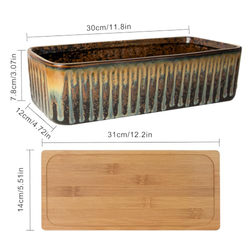 Succulent Pots, 12'' Long Rectangle Planters with Tray, Windowsill Planter - color: Flow Glaze