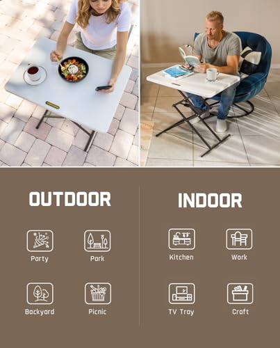 FanttikOutdoor Small Folding Table Quick Adjust 3 Heights, TV Tray, Dining - color: Granite White