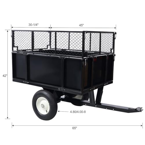 ATV Trailer Steel Dump Cart, Heavy Duty Mesh Steel Garden Cart with Removable Sides and 10 Inch Flat Free Tires, Utility Trailer Yard Garden Trailer for Tractors, ATV, UTV, Lawn Mowers