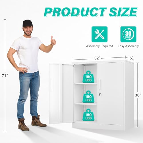 SISESOL Small Metal Cabinet with Shelves,36 inch Garage Storage Cabinet with Lock,White Metal Storage Cabinets with Locking Doors,Lockable Office File Cabinets for Home,Office,Shop,Garage - color: White, size: 36"H
