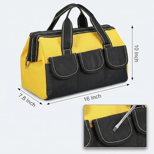 Tool Bags for Men Heavy Duty with Waterproof Hard Bottom Wide Mouth Large Tool Tote Bag Multi Pockets Organizer for Electrician Carpenter Mechanic Dad Gifts (1, Yellow, 16 Inch) - color: Yellow, size: 16 Inch