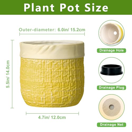 Ceramic Planter - 6 Inch Plant Pot with Drainage Hole and Plug, Round Unique Flower Pots for Indoor Plants, Boho Decorative Pot for Plants, Bookshelf Decor, Gifts for Plant Lovers, Yellow - color: Yellow, size: 6 Inch