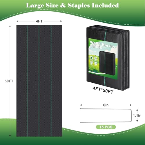 FEED GARDEN 4FT x 50FT Heavy Duty Weed Barrier Fabric, Landscape Fabric Ground Cover for Garden Beds, Raised Beds, Mulch & Gravel Paths, Woven Geotextile Weed Blocker with 15 Garden Staples - size: 4FTx50FT
