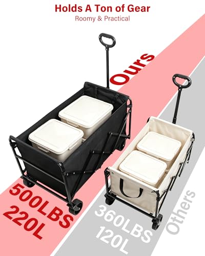 Collapsible Wagons Carts Foldable Wagon, 500LBS Wagon Cart Foldable Heavy Duty with Brakes & All-Terrain Wheels, Large Collapsible Folding Wagons for Beach Camp Sports Grocery, Portable (Black) - color: Black_500lbs