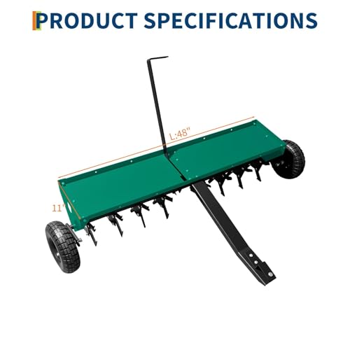 48" Tow Behind Lawn Plug Aerator with 30 Galvanised Steel Tines, Heavy Duty Pull Behind Plug Aerator with Universal Hitch, 3 in Spikes, Inflatable Wheels & Tray for Gardens, Lawns, Farms, Green - color: Green