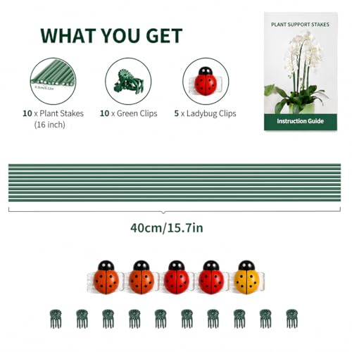 10PcsPlant Support Stakes with Ladybug Clips Green - color: Green+Ladybug Clips