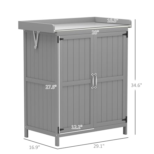 29 Inch Wooden Outdoor Storage Box and Garden Potting Bench with Stainless Steel Tabletop, Double Doors and Hinged Roof for Patio Organization and Tool Storage, Grey - color: Grey - 29.10 X 16.90 X 34.60 Inch