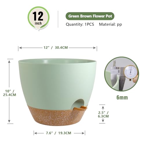 Meowell 12 inch Large Self Watering Pot for Indoor Outdoor Plants - color: Green With Brown, size: 12inch B