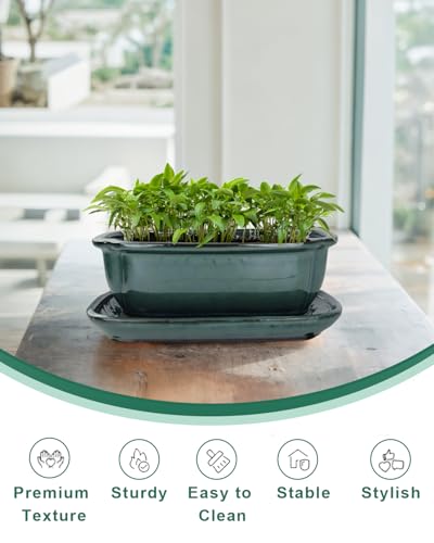 vensovo 10.5 Inch Ceramic Bonsai Pot with Drainage Hole and Saucer, Green - color: Green