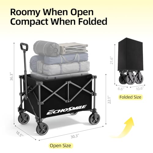 EchoSmile Easy Collapsible Wagon Cart, Folding for Grocery & Camping, Black - color: Black