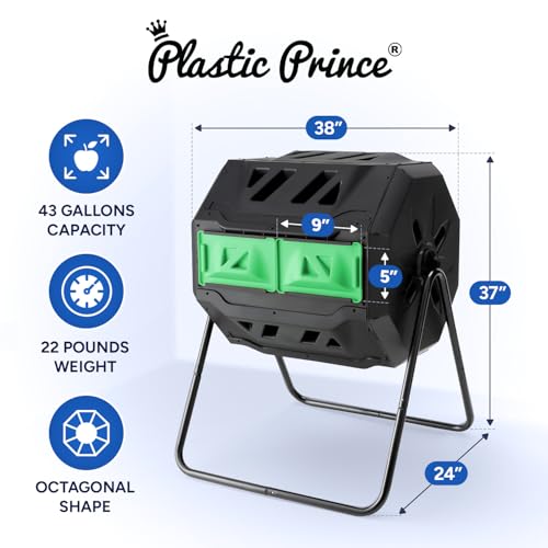 PLASTIC PRINCE Compost Tumbler Rotating Garden Compost Bin Outdoor Dual Chamber 43 Gallon Backyard Composter Tumbling Barrel Mixer Outside, Large, Green - color: Black/Green