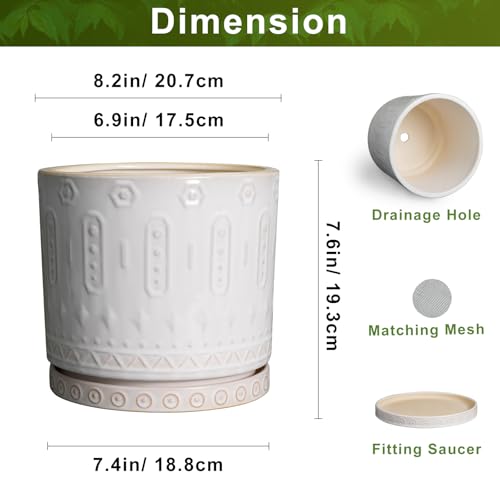 Eightpot 8 Inch Plant Pot, Ceramic Planter for Indoor Plants Outdoor, Round Planter with Drainage Hole and Tray, Boho Flower Pot, Decorative Pots for Plants, Home Decor, Plant Lover Gifts, White - color: White - 2, size: 8 Inch
