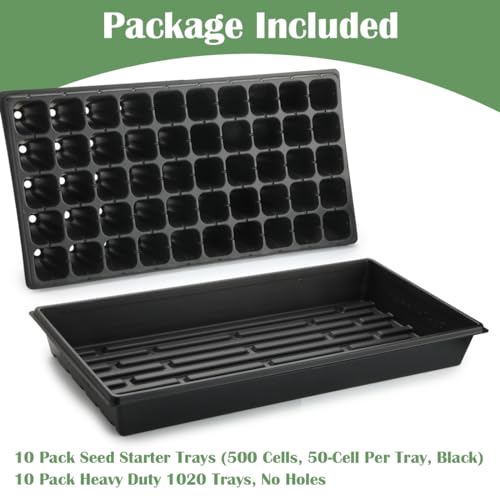 RooTrimmer 10 Pack 1020 Trays and 10 Pack 3.5" Deep 50 Cell Seed Starter Trays, 20" x 10" - Durable Plastic Nursery Flats for Microgreens, Seedling,Seed Germination & Plant Propagation (10 Set) - size: 50 Cells