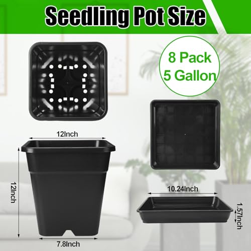 8 Pcs 12" Square Plant Pot 5 Gal Plastic Nursery Pots