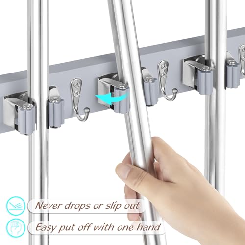OUTNILI Gray Mop Broom Holder Wall Mount with 4 Slots & 4 Hooks - Wood Broom Mop Hanger for Pantry Closet Laundry Room Organization - Heavy Duty Garden Tool Organizer - color: Gray-4 Grips, size: 1 Pack