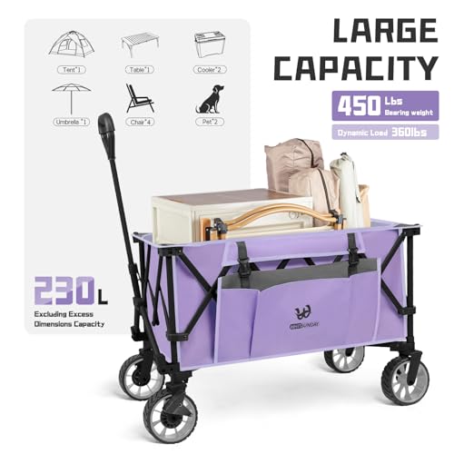 Whitsunday Folding Collapsible Utility Wagon, 400Lbs Heavy Duty Outdoor Park Beach Wagon with Table and Side Pocket for Garden Camping Sports Shopping Purple - color: Purple