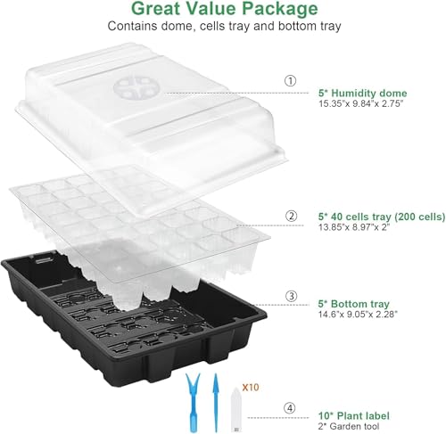 MIXC 5 Pack Seed Starter Tray, 200Cell Mini Propagator Greenhouse Grow Kit - color: Black, size: 40-Cell 5-Pack