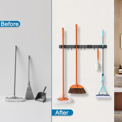 Broom Holder Wall Mount, Stainless Steel Mop Hanger with 4 Slots 6 Hooks, Tool Storage Wall Organizer for Kitchen Garden Garage Laundry Room Bathroom and RV, Black 1-Pack - color: Black-1 Pack
