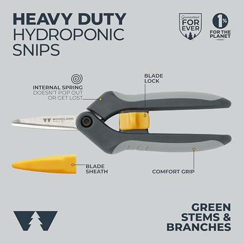 Woodland Tools Hydroponic Snips – Heavy Duty Flower Snips with Nano Tip Stainless Steel Trimming Scissors, Soft Grip, Spring Loaded, Blade Cover – Precision Plant Scissors and Bud Trimmer - style: Heavy Duty Snip
