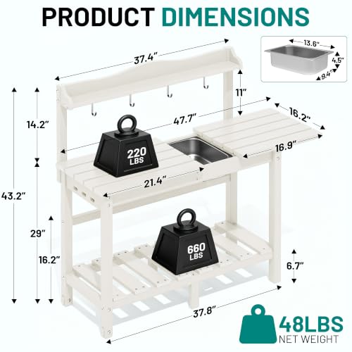 PLUUV Potting Bench with Removeable Sink, Garden Potting Table, White