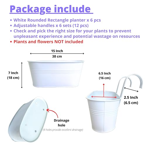 LaLaGreen Rail Planter (15 in, 6 Pack) White Metal Iron Hanging Herb Pots - size: 15" (38cm) x 6 Pack