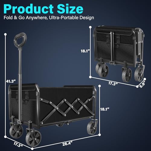 Collapsible Wagon Cart with Wheels, Compact 360 lb Folding Cart, Jet Black - color: Jet Black
