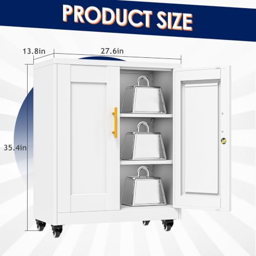 erosoei 35" H Metal Garage Storage Cabinet, Rolling Tool Cabinet with 2 Doors and Wheels, Locker Steel Cabinet with 2 Adjustable Shelves, Organization Cabinet for Garage,Office,Home,Gym,School(White) - color: White, size: 35" NCasNLck