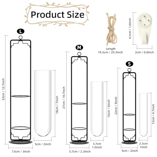 MIPON Metal Hanging Plant Propagation Station,3 Size Glass Test Tube Hydroponic Planter,Boho Wall Hanging Plant Cuttings Holder,Indoor Water Plant Terrarium Tubes for Home Office Window Decor-Black - color: Black