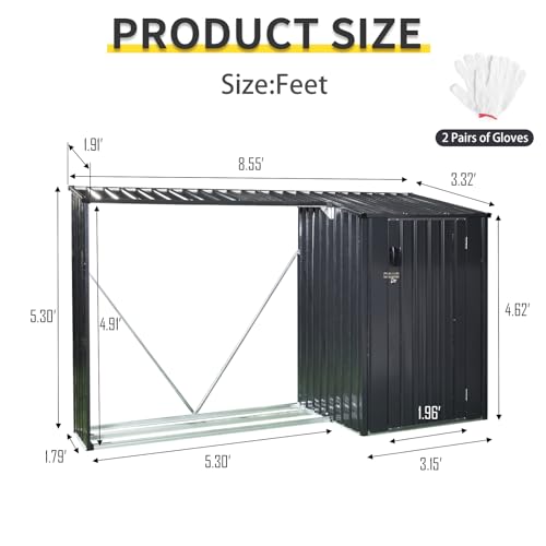 YOPTO 106.5" Outdoor Steel Firewood Rack Metal Storage Shed with Door and Reinforced Base,Multi-Functional 2 in 1 Waterproof Cabinet W/Roof,for Equipment Machines,Black - color: 106.5"+black