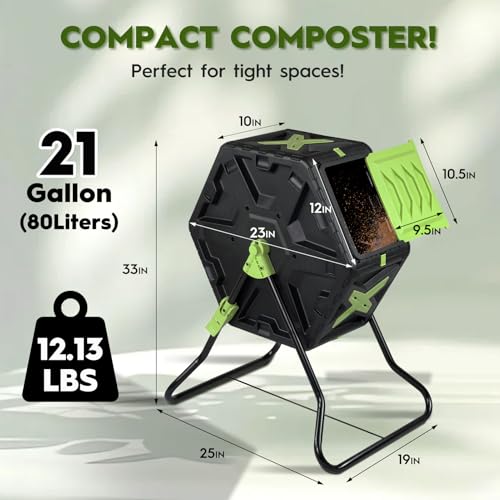 21 Gallon Compost Tumbler Outdoor - Small Rotating Composting Bin with Single Chamber & Steel Frame - BPA-Free Compact Garden Waste Bin for Kitchen Scraps & Yard Manure - Quick 5-Minute Assembly - size: 21 Gallon