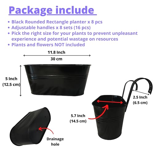 LaLaGreen Rail Planter Outdoor Plants(11.8 Inch, 8 Pack) Black Metal Iron Hanging Flower Pots Deck Railings Fence Buckets Modern Countryside Boho Style Wall Mount Window Box Plant Holder Porch Decor - size: 11.8" (30 cm) x 8 Pack