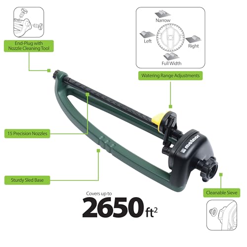 Melnor 65150AMZ Oscillating Sprinkler, 15 Precision Nozzles, Adjustable Spray Range, Waters Up to 2,650 Sq. Ft., with QuickConnect Bundle, Green, Yellow - style: 2,650 sq. ft.