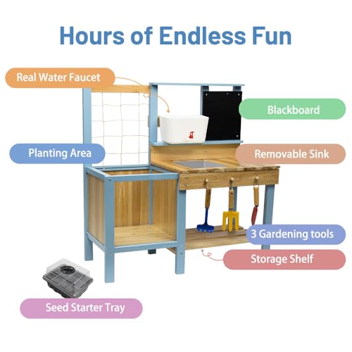 Kids Potting Bench for Outdoor, Fir Wood Gardening Station with Transparent Planter Box, Outside Activity Wooden Table with Sink,Faucet, Garden Accessories, Mud Kitchen for Kids 3+