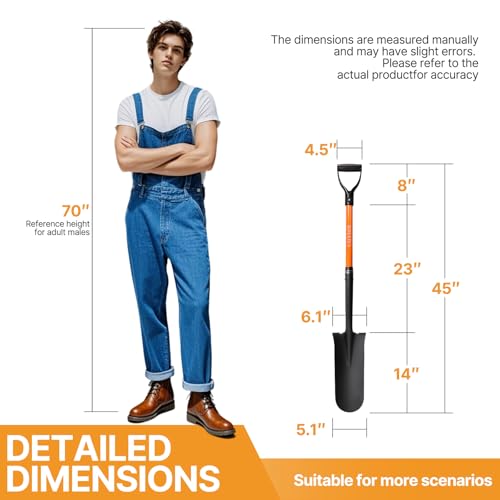 KOLEIYA Drain Spade, 45 Inch Heavy Duty Sharp Shooter Shovel with Fiberglass Handle, D-Grip Digging Shovel for Gardening, Planting, Trenching & Transplanting