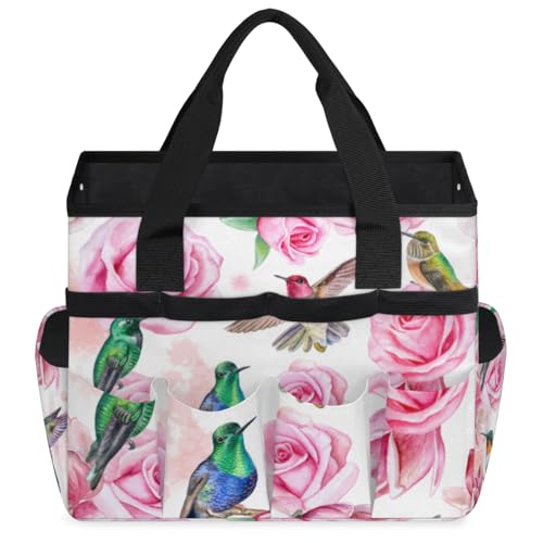 Hummingbird Flower Rose Garden Tool Bag Waterproof Gardening Tool Storage Bag with Handle & 10 Pockets Gardening Tote Bag for Women Garden Tool Organizer - color: Hummingbird Flower Rose