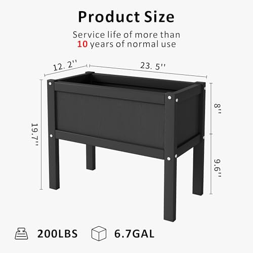 Raised Garden Bed with Drainage Hole Waterproof Small HDPE Elevated Planter Box with Legs Stable and Durable to Plant Herb Vegetable Flower,Patio,Balcony Outdoors/Indoors Black - color: Black, size: 23.5 x 12.2 x 19.69 in