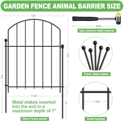 Decorative Garden Fence, 20-Pack Rustproof Animal Barrier, 17 in x 20 ft - size: 20 Panels-17in(H)x20ft(L)
