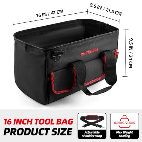 Tool Bag 16'', Multi-pocket Tool Organizer with Shoulder Strap, Heavy Duty Tote with for Tool Storage, Black & Red - color: Red