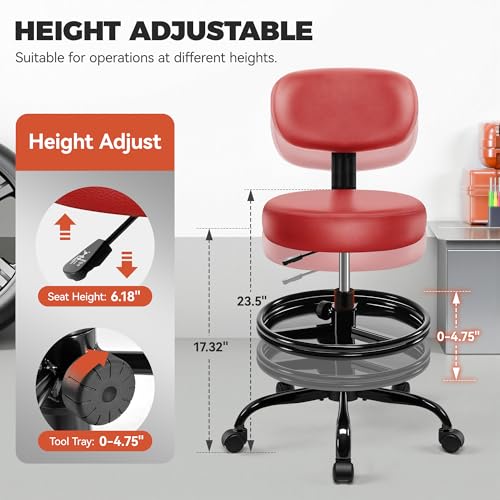 Shop Stool with Wheels for Garage, Mechanics Rolling Chair with Backrest, Adjustable Height Heavy Duty Garage Stool with Footrest and Storage Tray, Swivel Task Chair for Workshop Kitchen Salon (Red) - color: Red